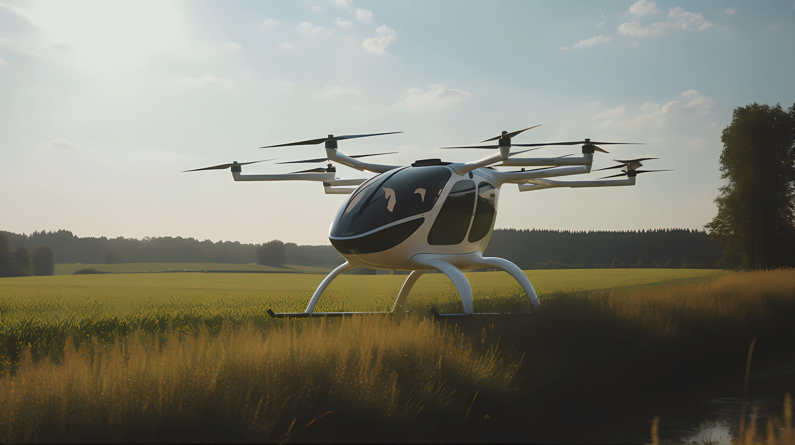 Electric Air taxi drone, eVTOL flying high over a rural region at sunset. Rural Air Mobility, concept of future transportation in the country. Generative AI.